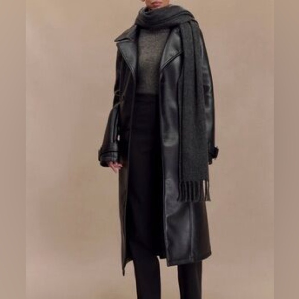 Meshki Black Faux Leather Longline Trench Coat
